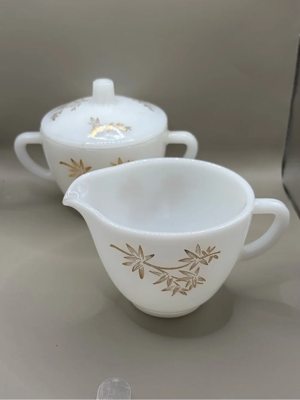 Vintage Fire King White Milk Glass Creamer and Sugar Set with Gold Leaf Pattern